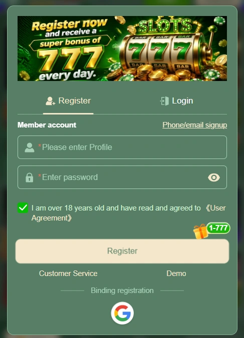 777Stake Game register section image