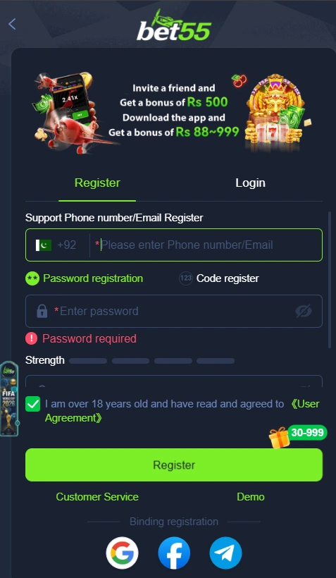 register section screenshot of Bet55 Game
