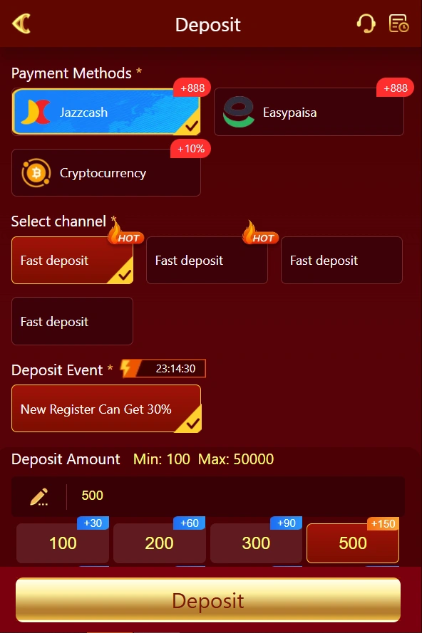 PakNew Game deposit section image