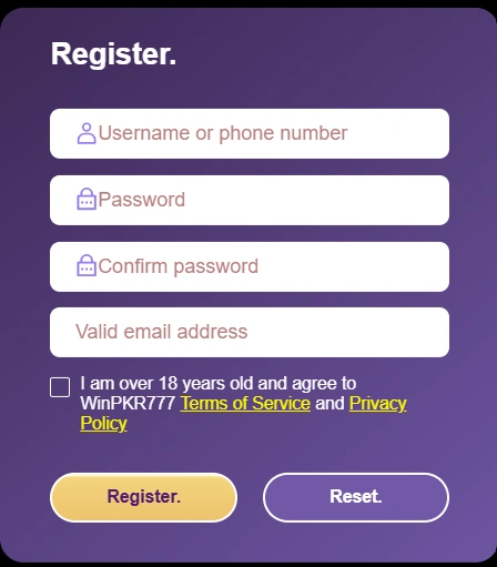 WINPKR777 Game register section image
